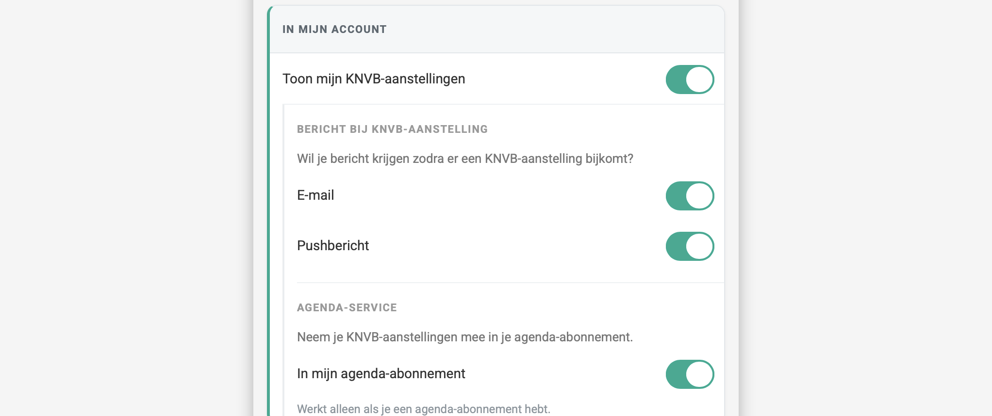 App: subpagina KNVB aanstellingen, kaart IN MIJN ACCOUNT met Toon mijn KNVB-aanstellingen aan en de keuzes eronder