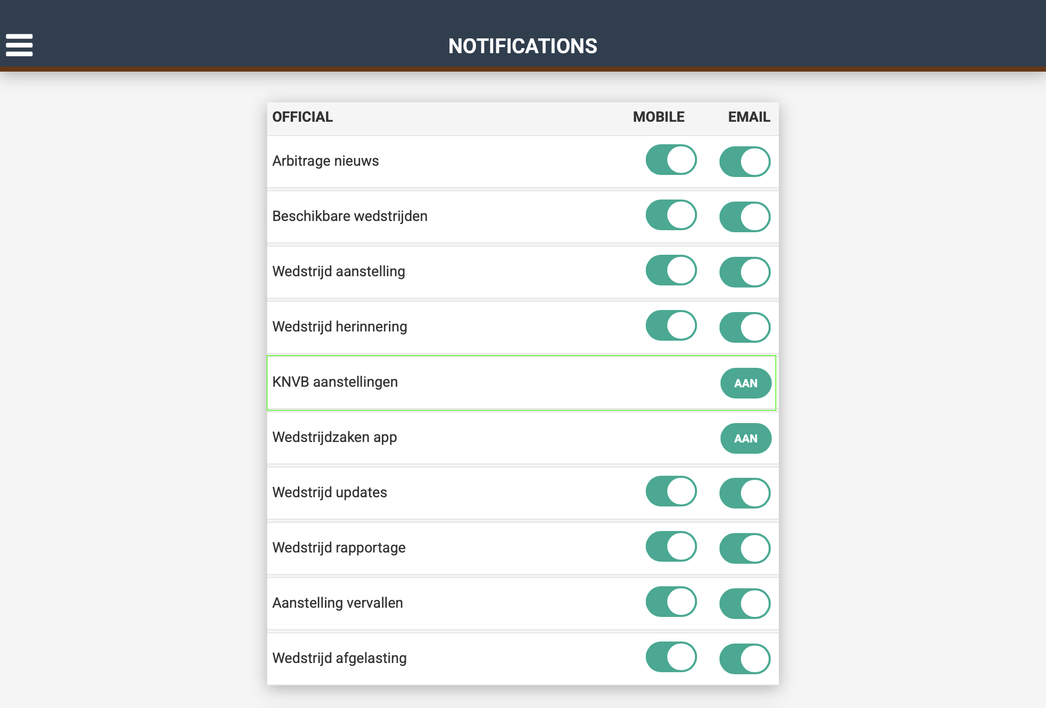 App: subpagina KNVB aanstellingen met hoofdschakelaar aan en de drie keuzes eronder