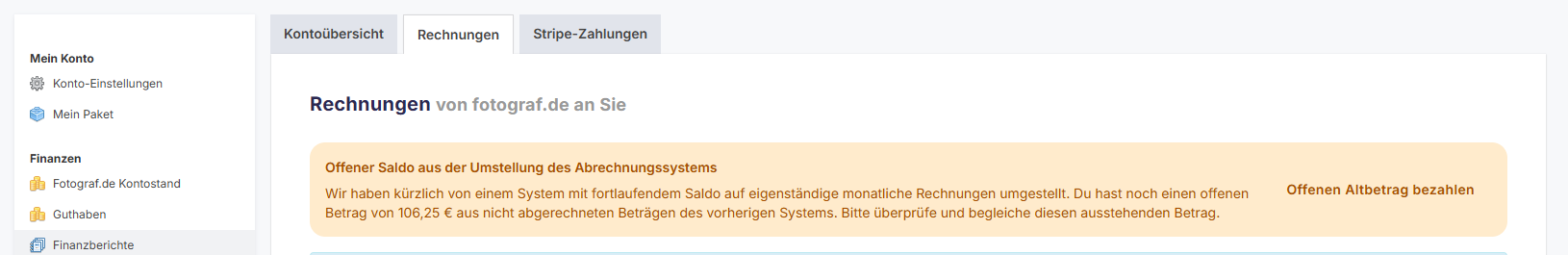 Anzeige offener Rechnungen im GotPhoto Konto