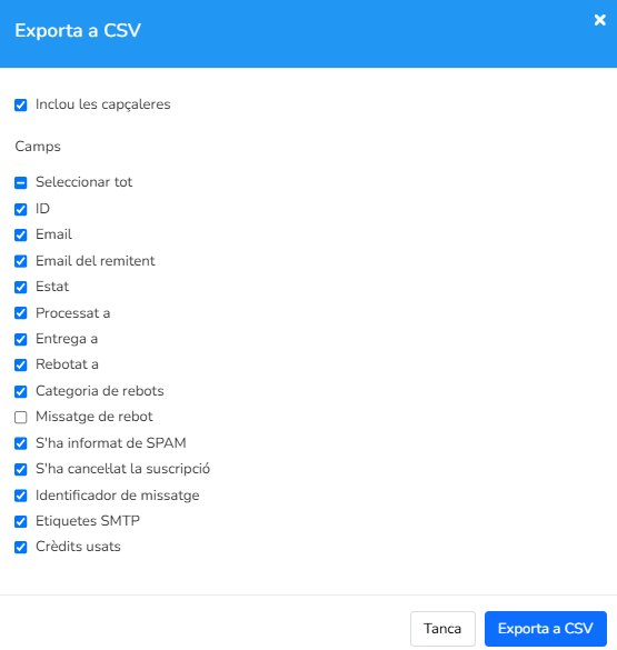 Opció per exportar a CSV les dades seleccionades del registre SMTP