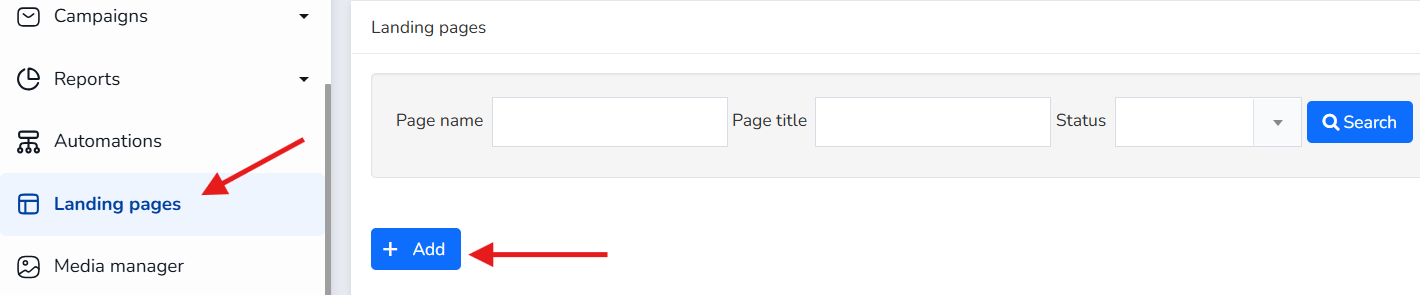 Mailrelay Landing page interface with the Add button highlighted