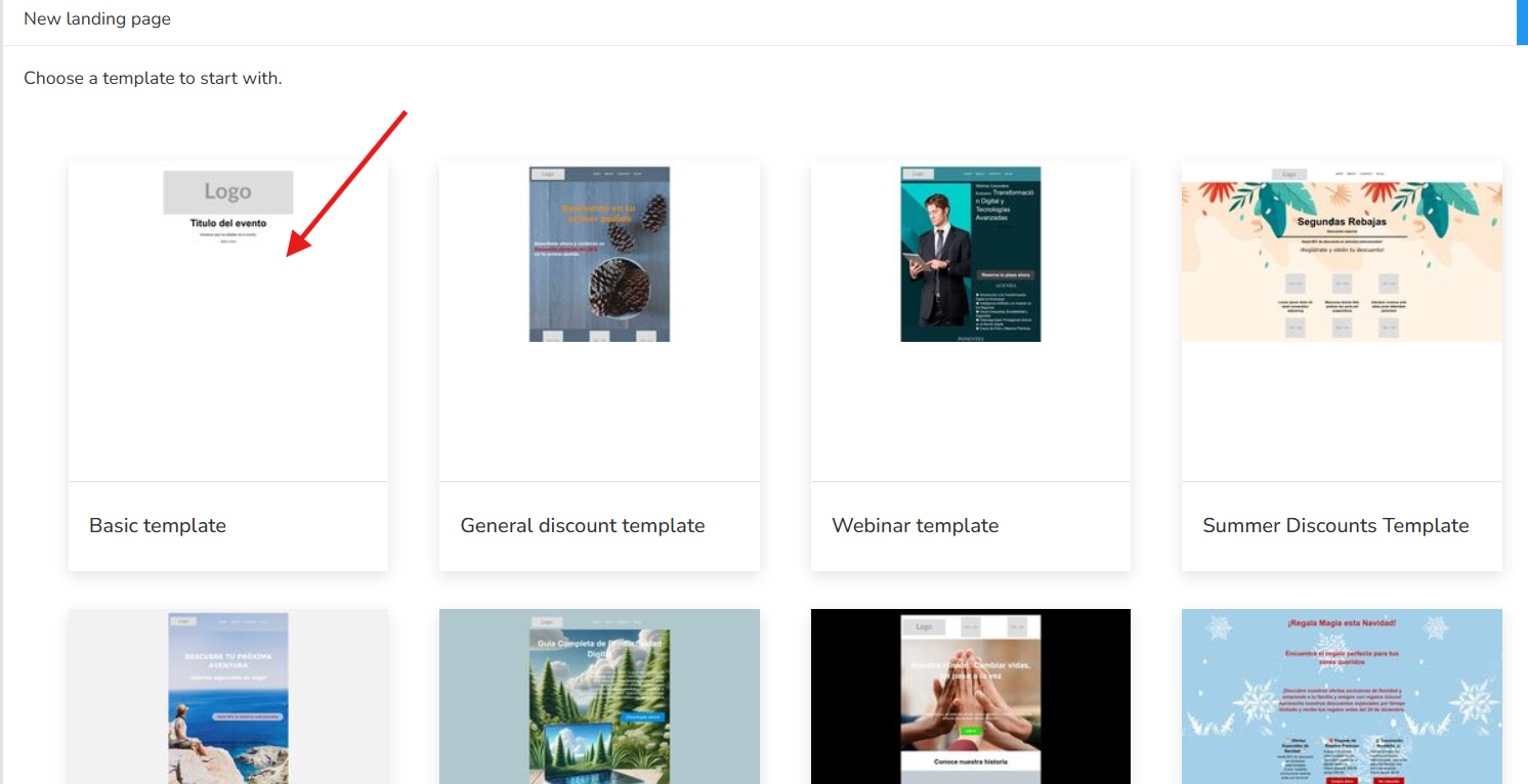 Selecting a landing page template from the available choices