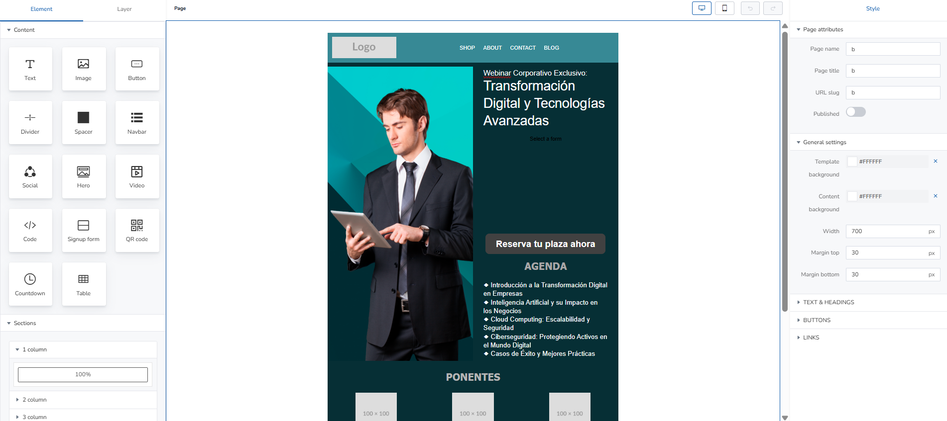 Overview of the visual landing page editor interface