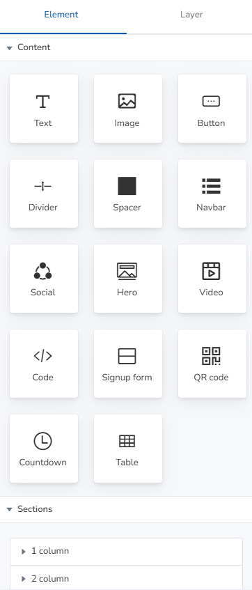 Left sidebar options showing available drag-and-drop elements