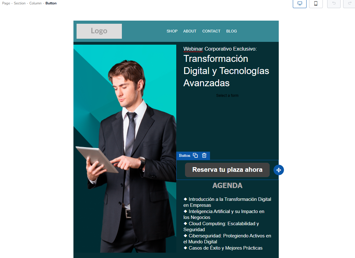 Central editing canvas previewing the landing page layout