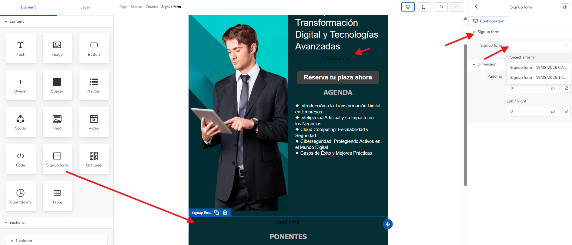 Selecting a form from the right-hand panel to place on the landing page