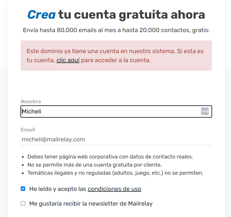 Error en crear el teu compte gratuït de Mailrelay