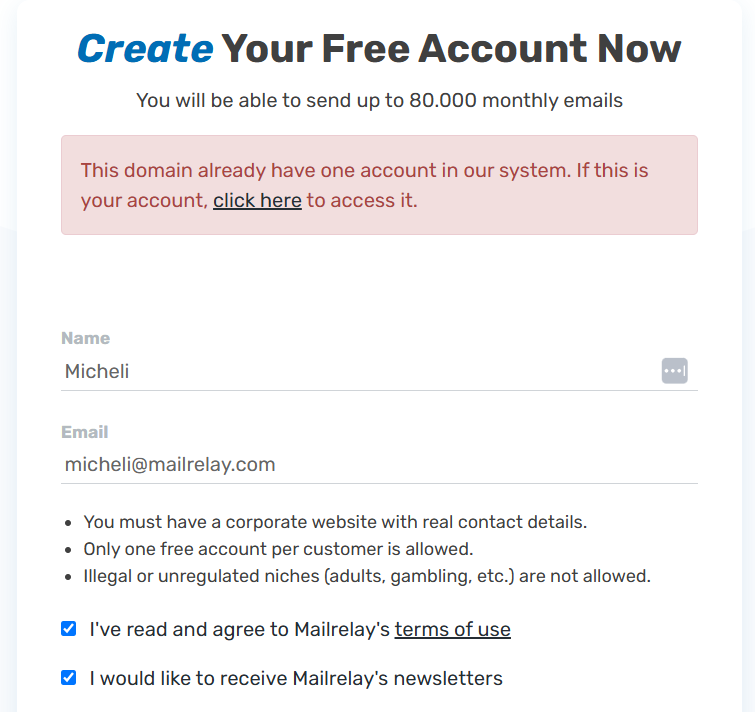 Error creating your Mailrelay free account