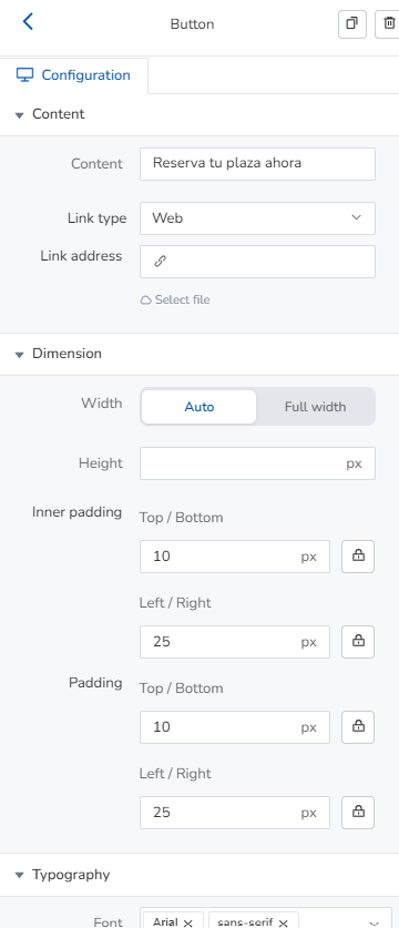 Right sidebar style dropdown menus for text, buttons, and links