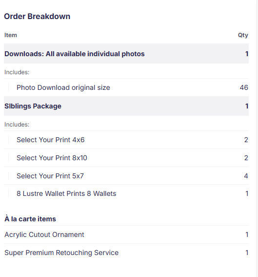 Order breakdown: Sample view