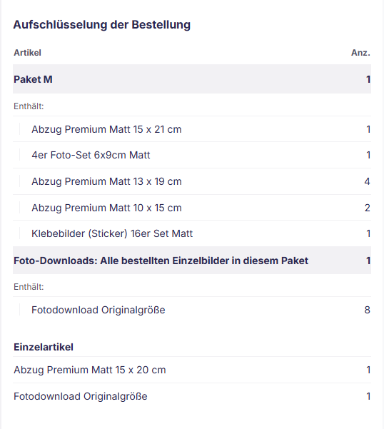 Beispiel: Aufschlüsselung der Bestellung