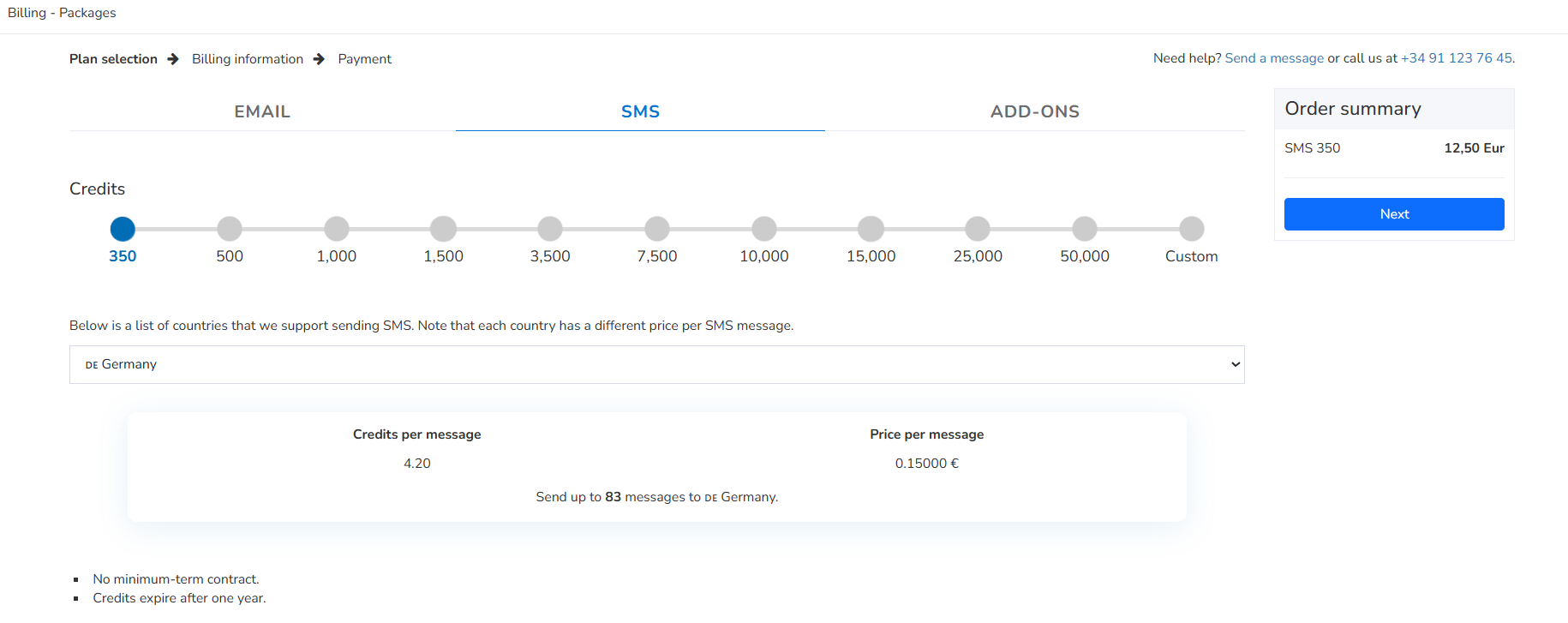SMS package selection screen showing credit amounts, country selector, and order summary