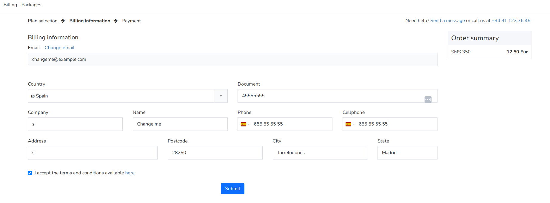 Billing details form with fields for company information, tax ID, and address