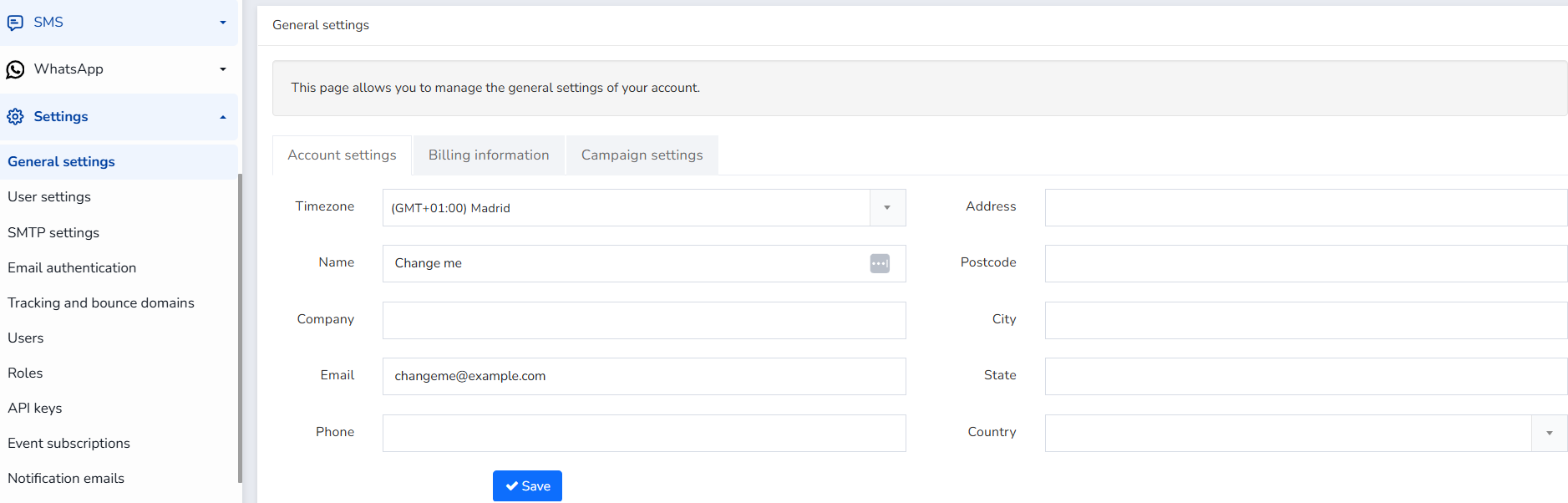 Account settings tab showing fields for time zone and user contact information