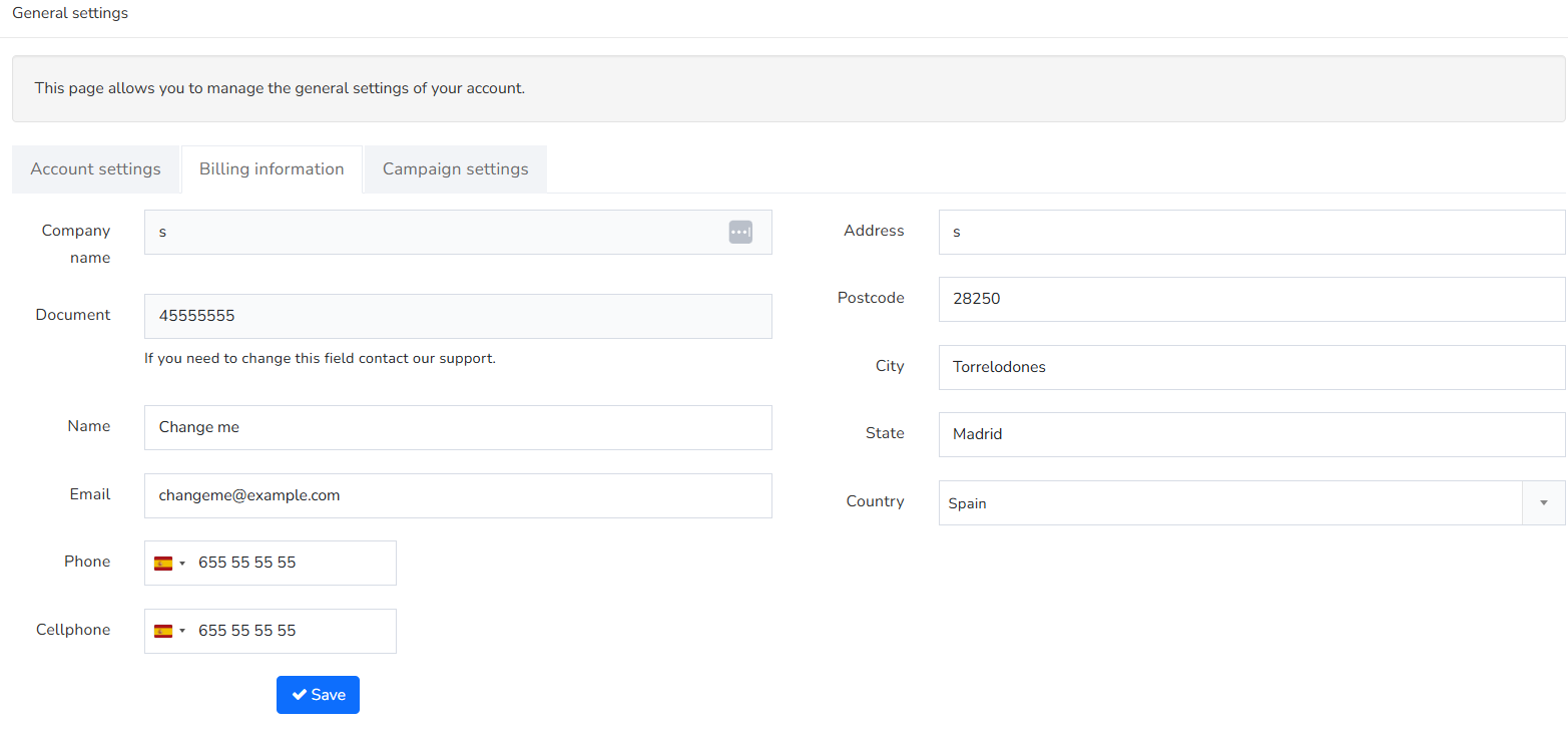Billing information tab displaying editable address and contact details alongside locked company data