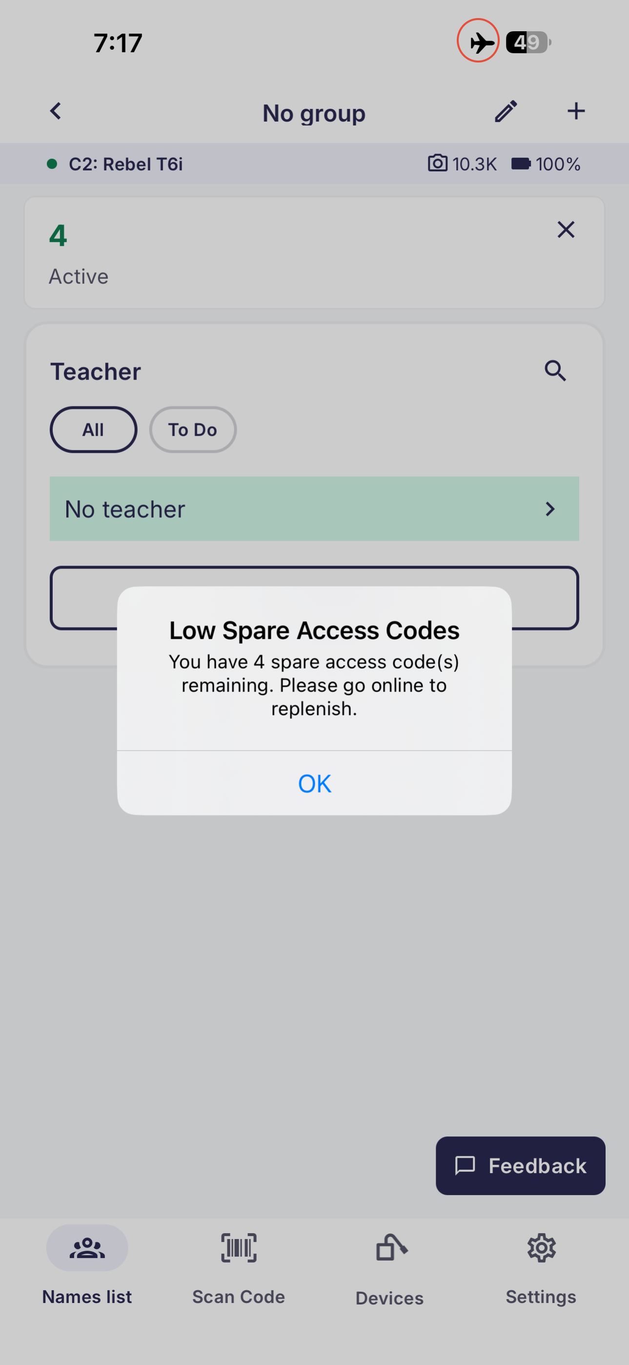 GotPhoto App Error: Low Spare Access Codes
