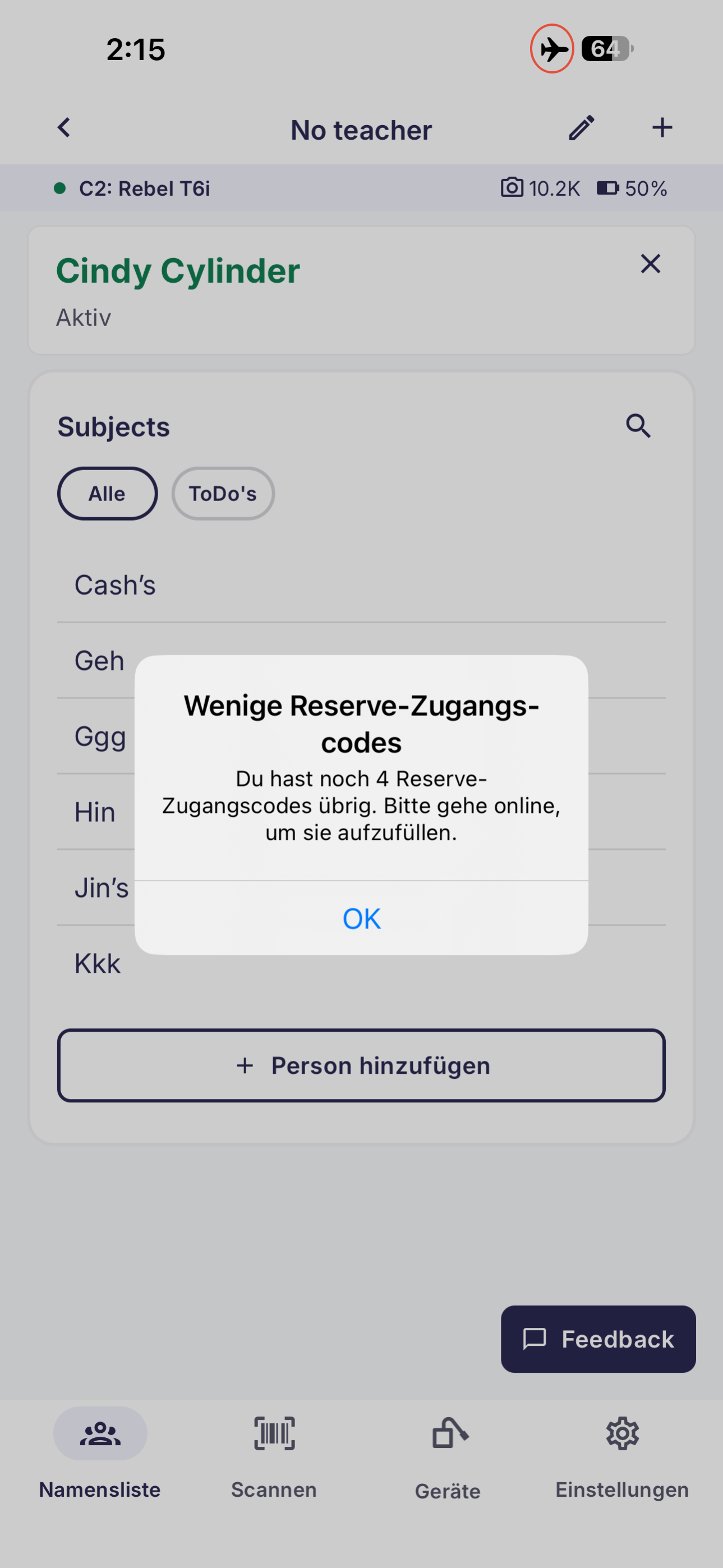 Wenige Reserve-Zugangscodes Meldung