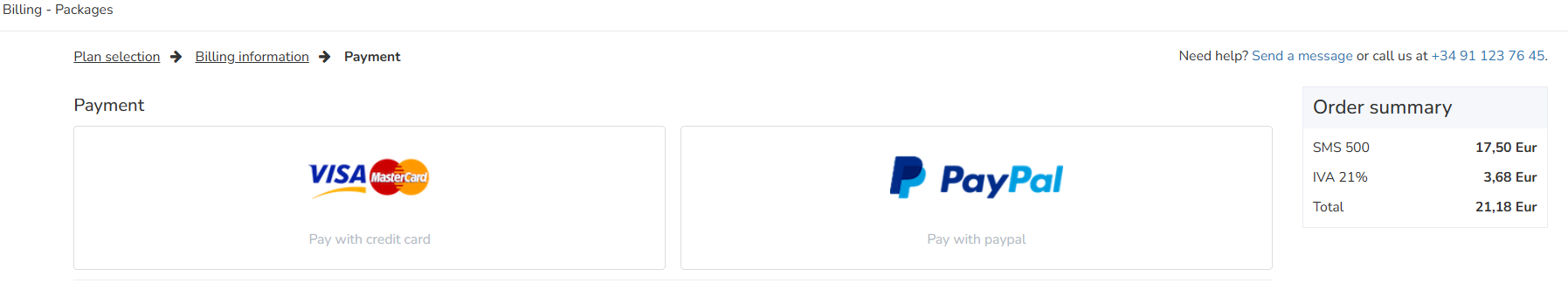 Payment method selection screen showing PayPal and Credit Card options