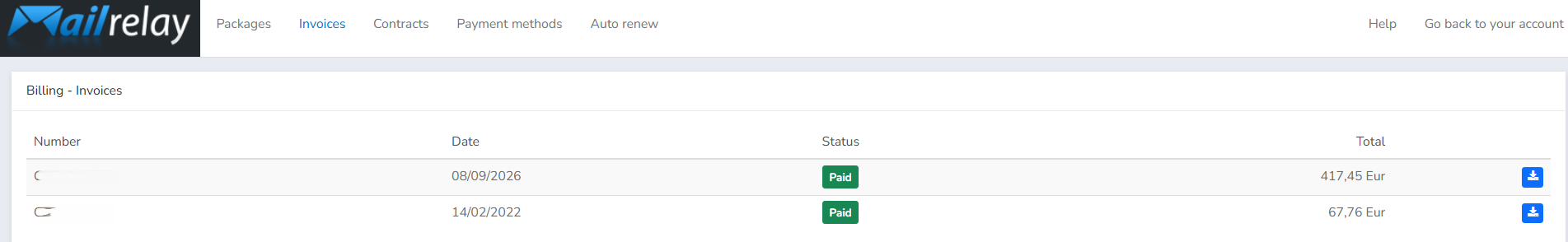 Invoices tab displaying generated billing invoices with blue PDF download icons