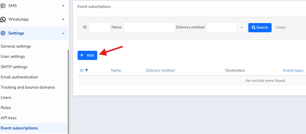 Mailrelay, botón Añadir suscripción a eventos