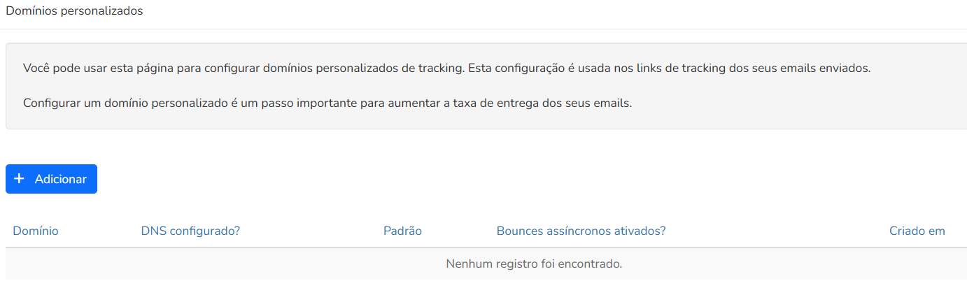 Tela onde você adiciona um domínio personalizado