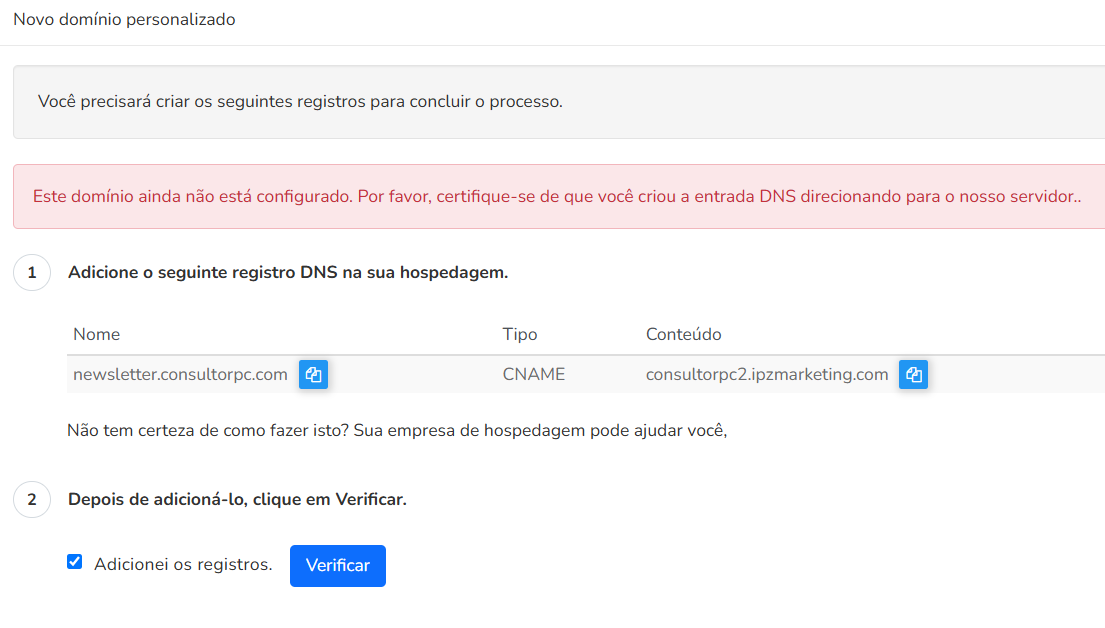 Erro na configuração do domínio personalizado