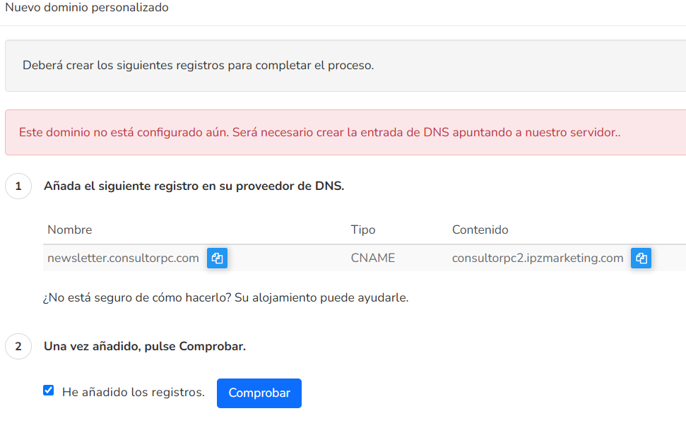 Error de configuración del dominio personalizado