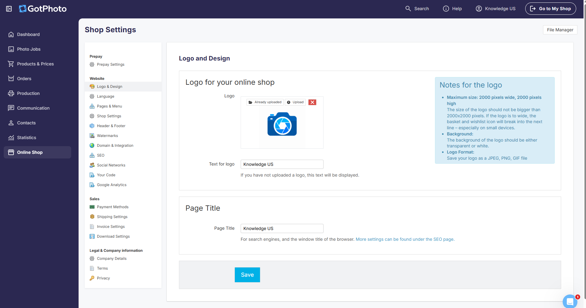 Logo & Design settings page with logo upload and page title fields