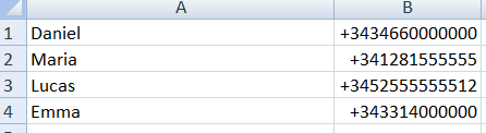 Nome e número de telefone em Excel para importar para o Mailrelay