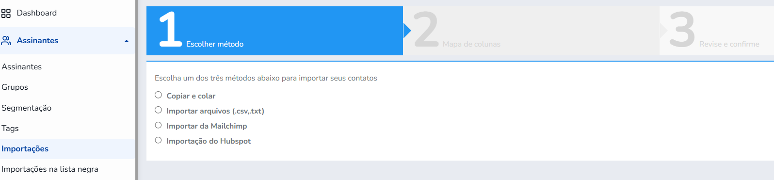 Métodos de importação no Mailrelay