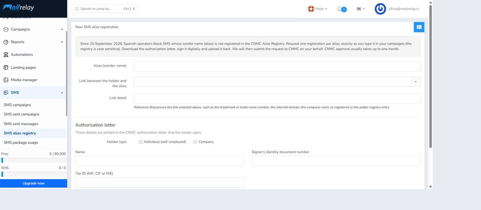 Empty New SMS alias registration form in Mailrelay with the alias, link, and authorization letter fields