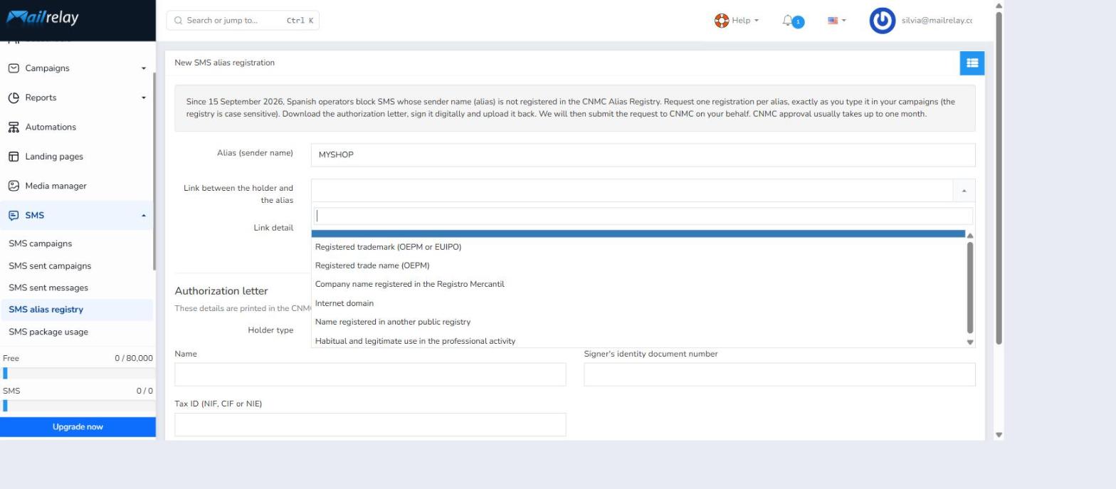 Open dropdown for the Link between the holder and the alias field, listing all six relationship options
