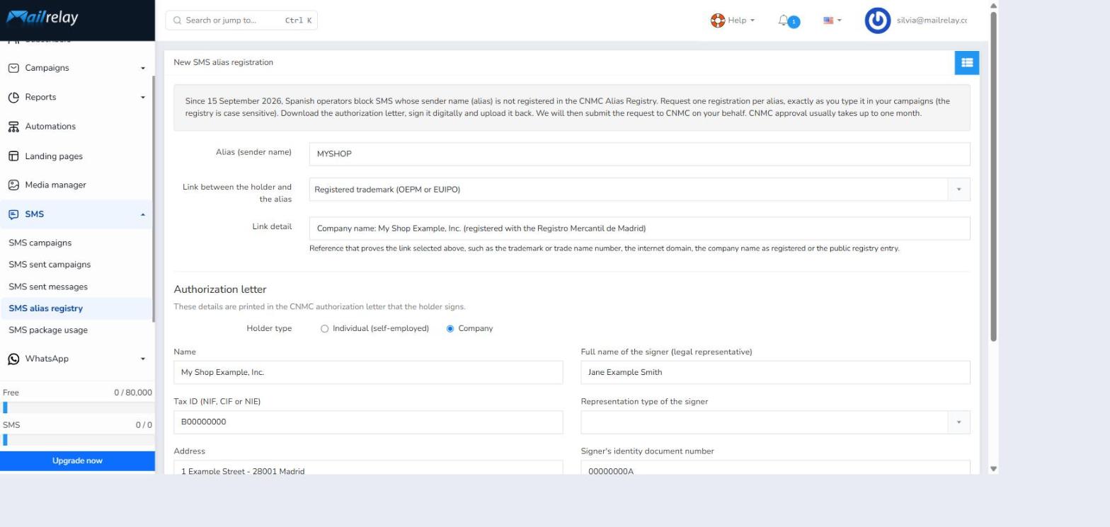 Form with the alias, link, and link detail fields already filled in with example data