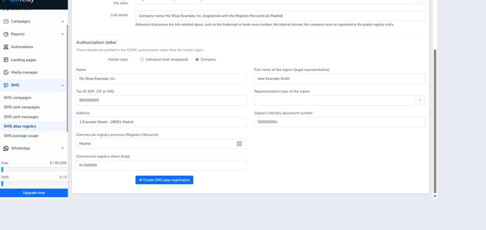 Form with the holder's and signer's authorization letter fields filled in with example data
