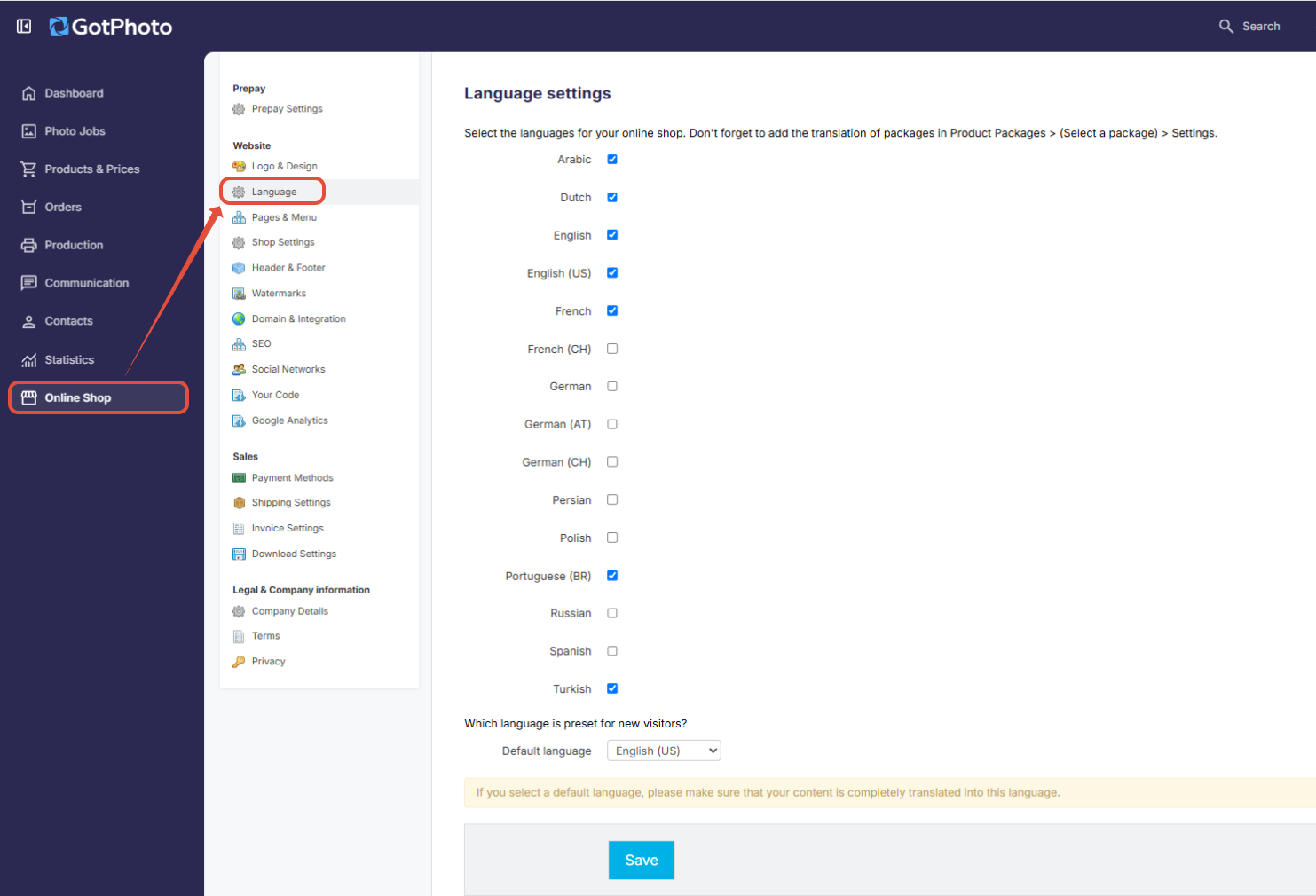Language settings page for setting the shop's standard language and adding additional languages