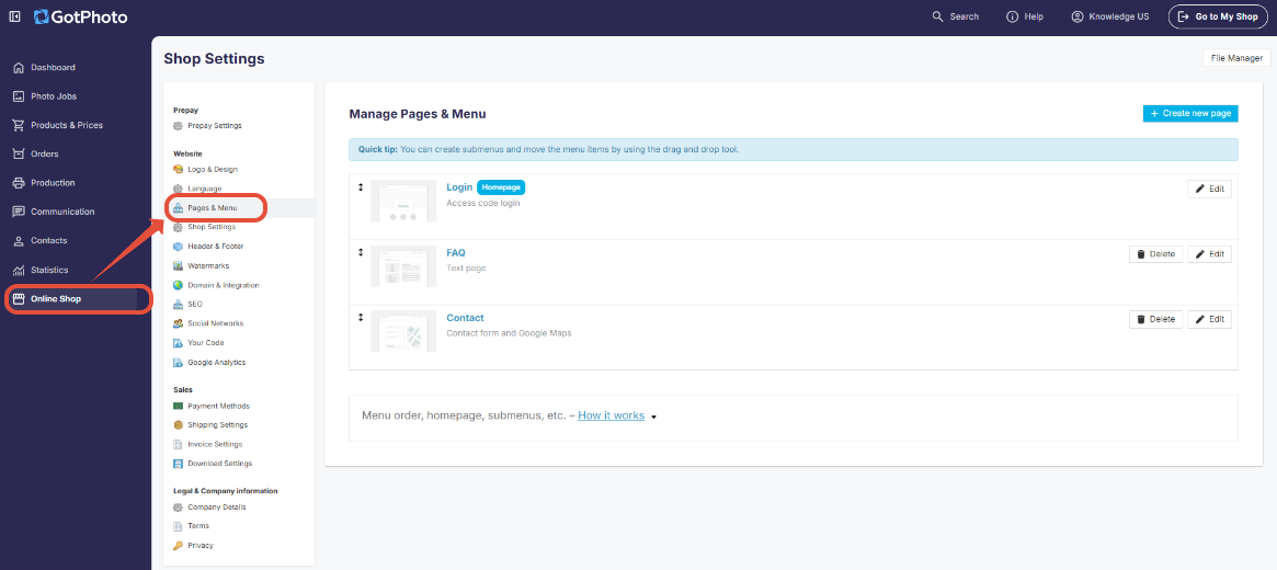 Pages & Menu settings showing the shop's navigation menu configuration