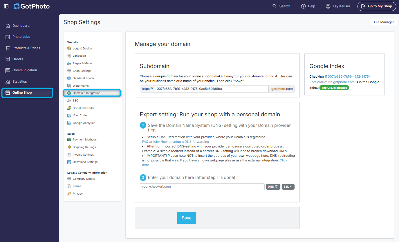 Domain & Integration settings page for editing the shop subdomain and DNS settings