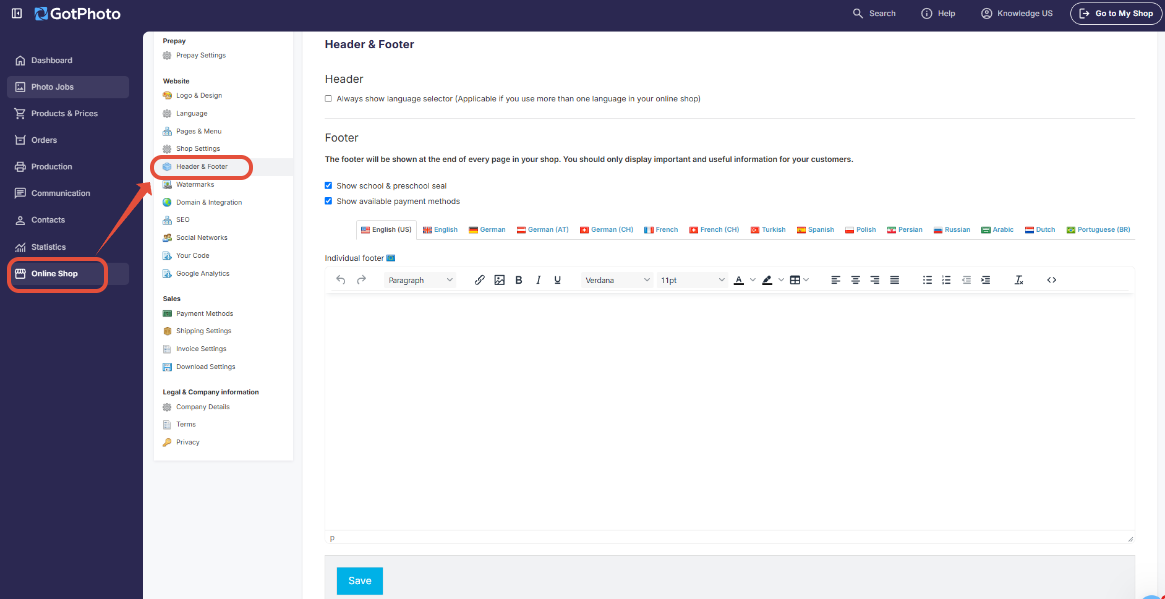 Custom footer editor showing footer text, link, and image options
