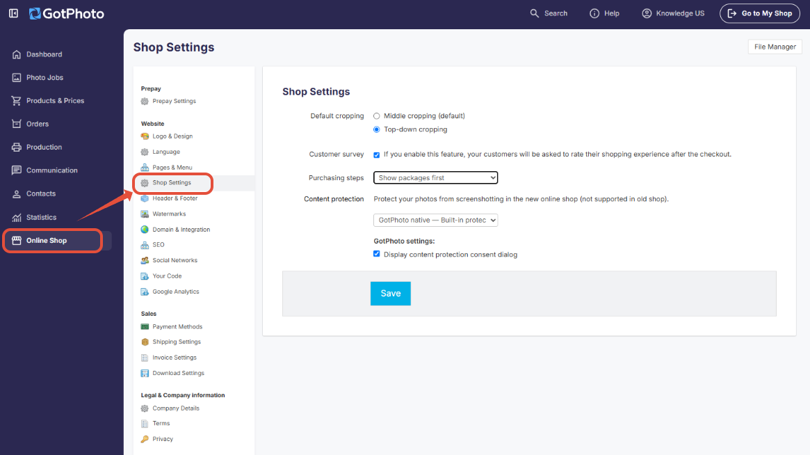 Shop Settings page with additional shop display options