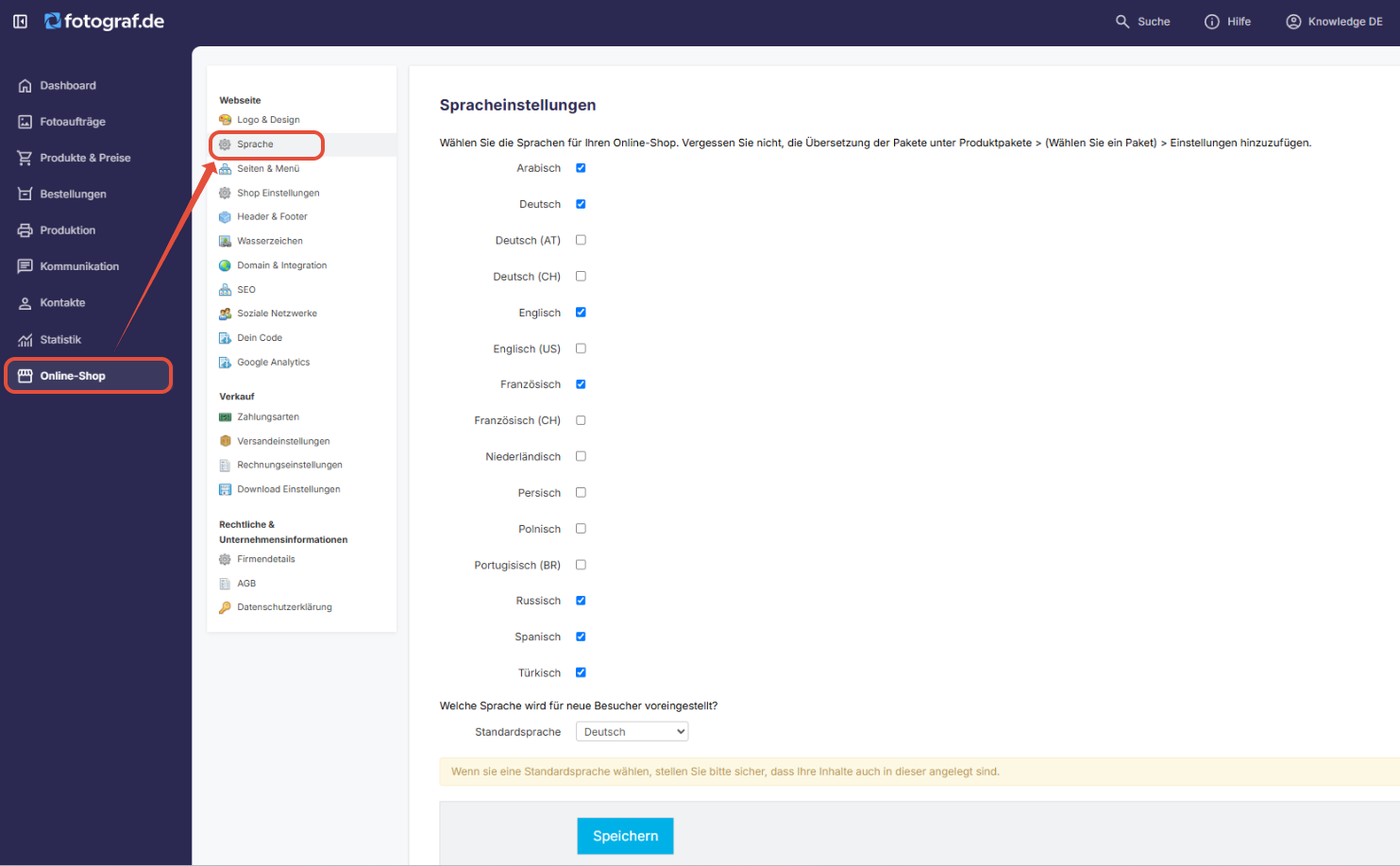 Spracheinstellungen des Shops mit Auswahl der Standardsprache