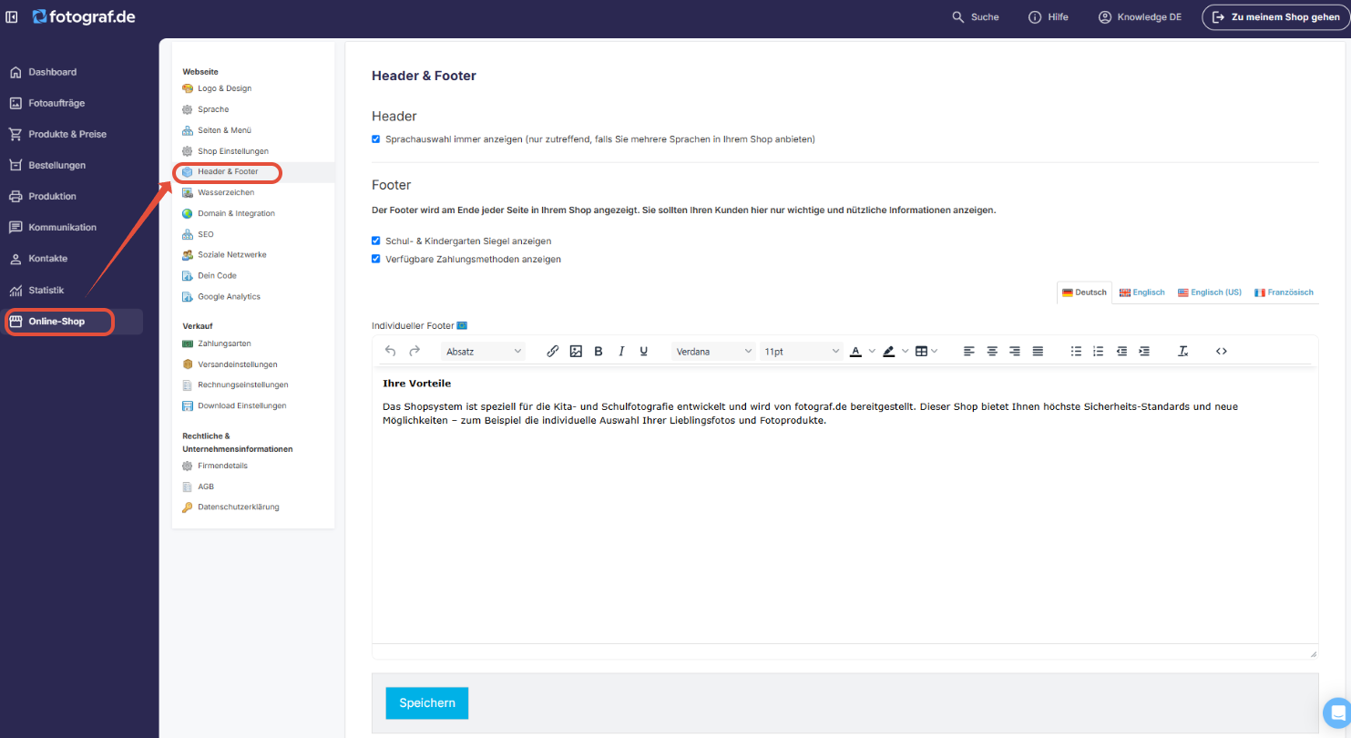 Einstellungen der Seite Header & Footer im Adminbereich