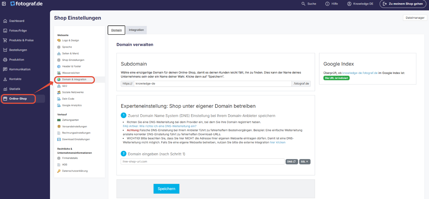 Ansicht der Seite Domain & Integration