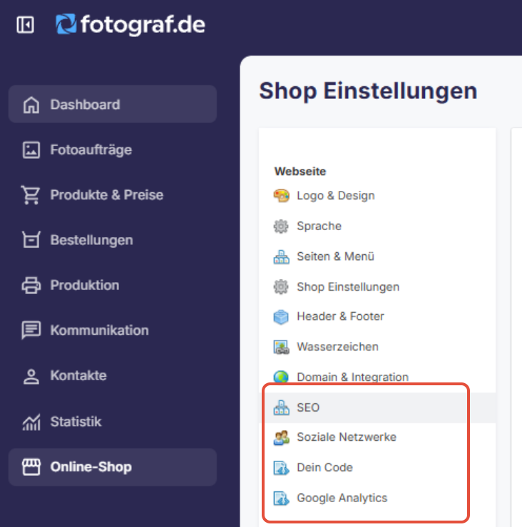 Ansicht der Legacy-Einstellungen für SEO, Soziale Netzwerke, Dein Code und Google Analytics