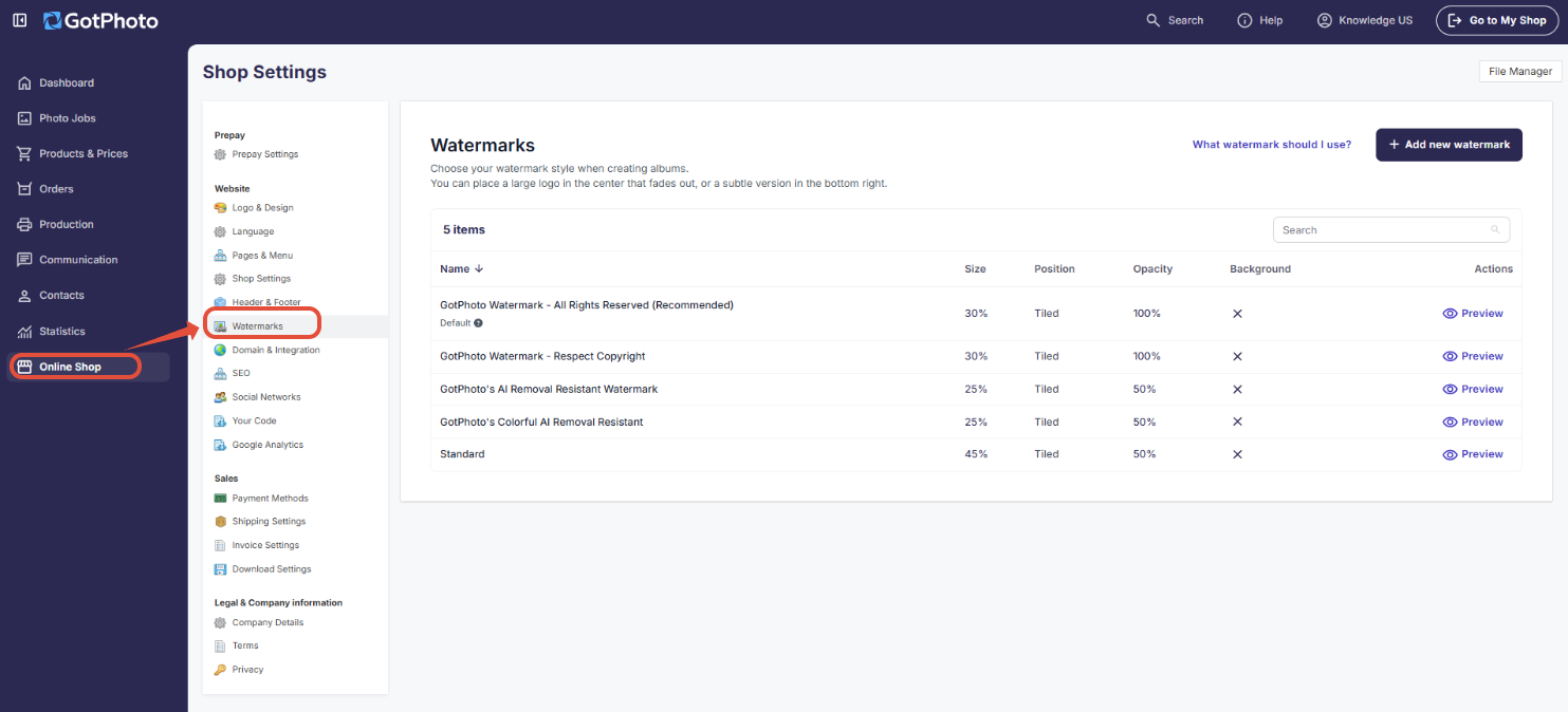 The Watermarks Settings Page