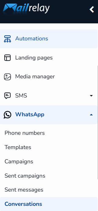 WhatsApp menu with the Conversations option