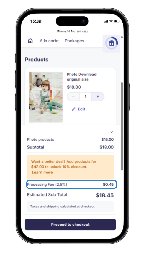 Screenshot: handling fee shown as its own line item in the cart between the subtotal and tax