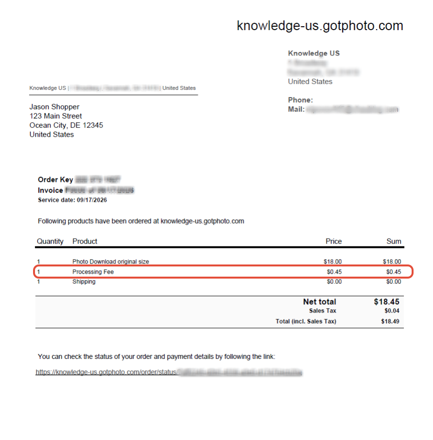 Screenshot: sample customer invoice showing the handling fee