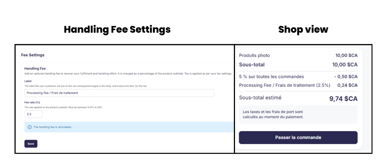 Screenshot: input field for a bilingual handling fee label (English and French)