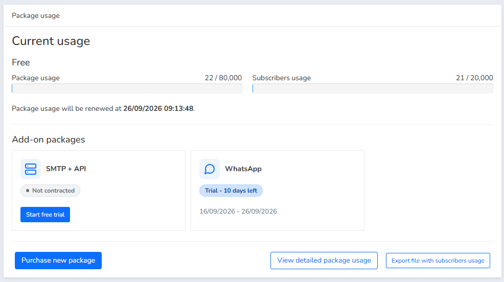 Pacote complementar mostrando o período de teste restante