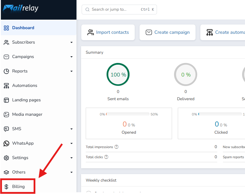 Billing option in the left-side menu